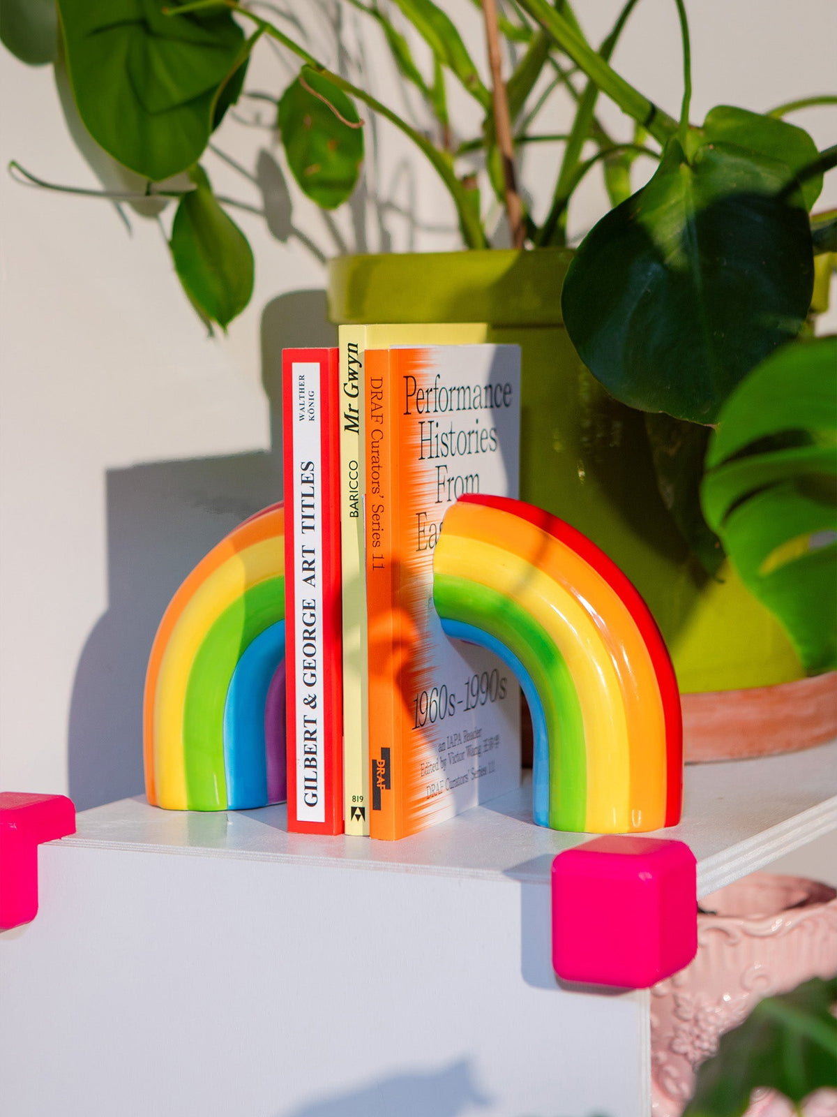 Serre-livres Rainbow de DOIY sur une étagère auprès de livres et d’une plante.
