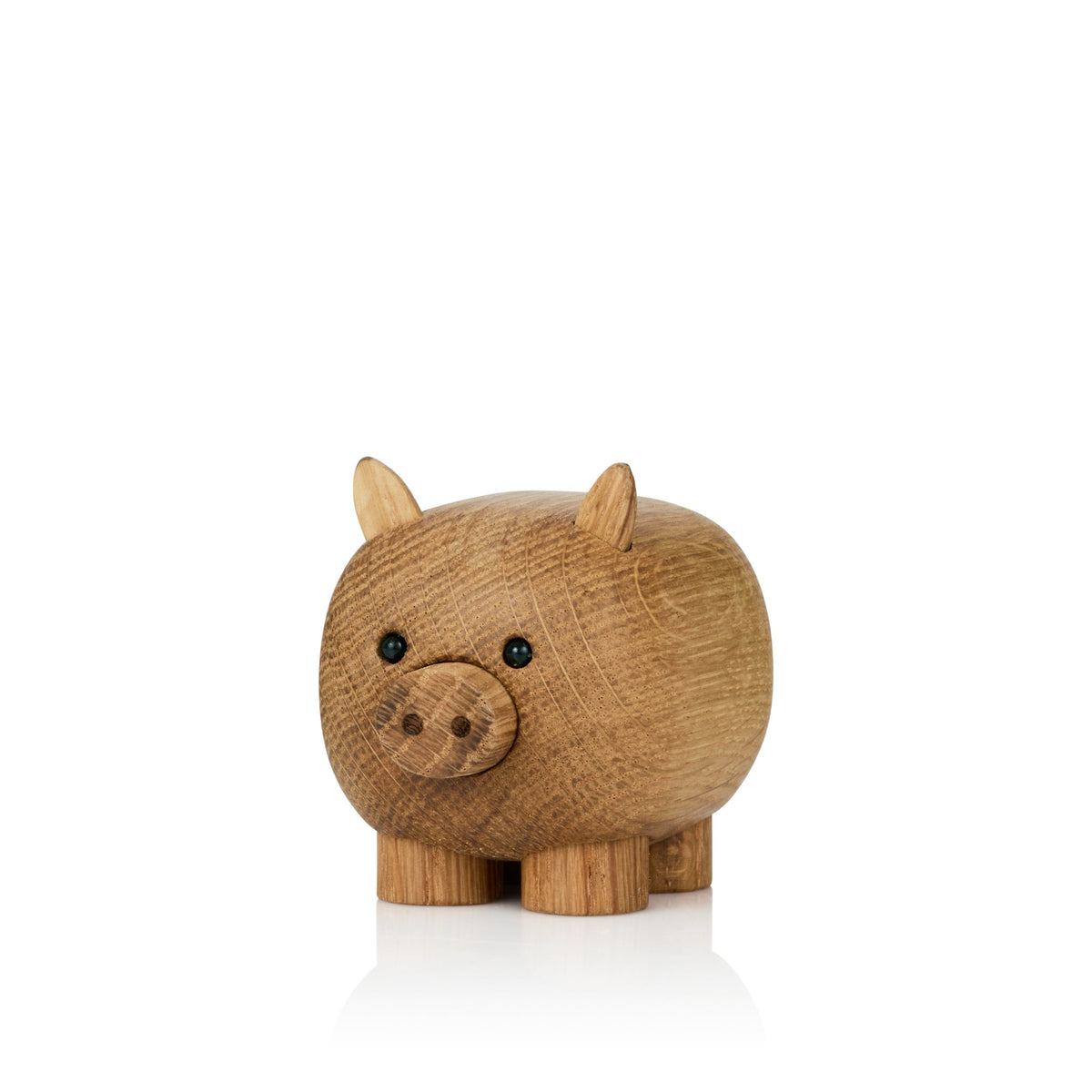 Basse de Lucie Kaas, cochon en chêne vu de trois quarts sur fond blanc.